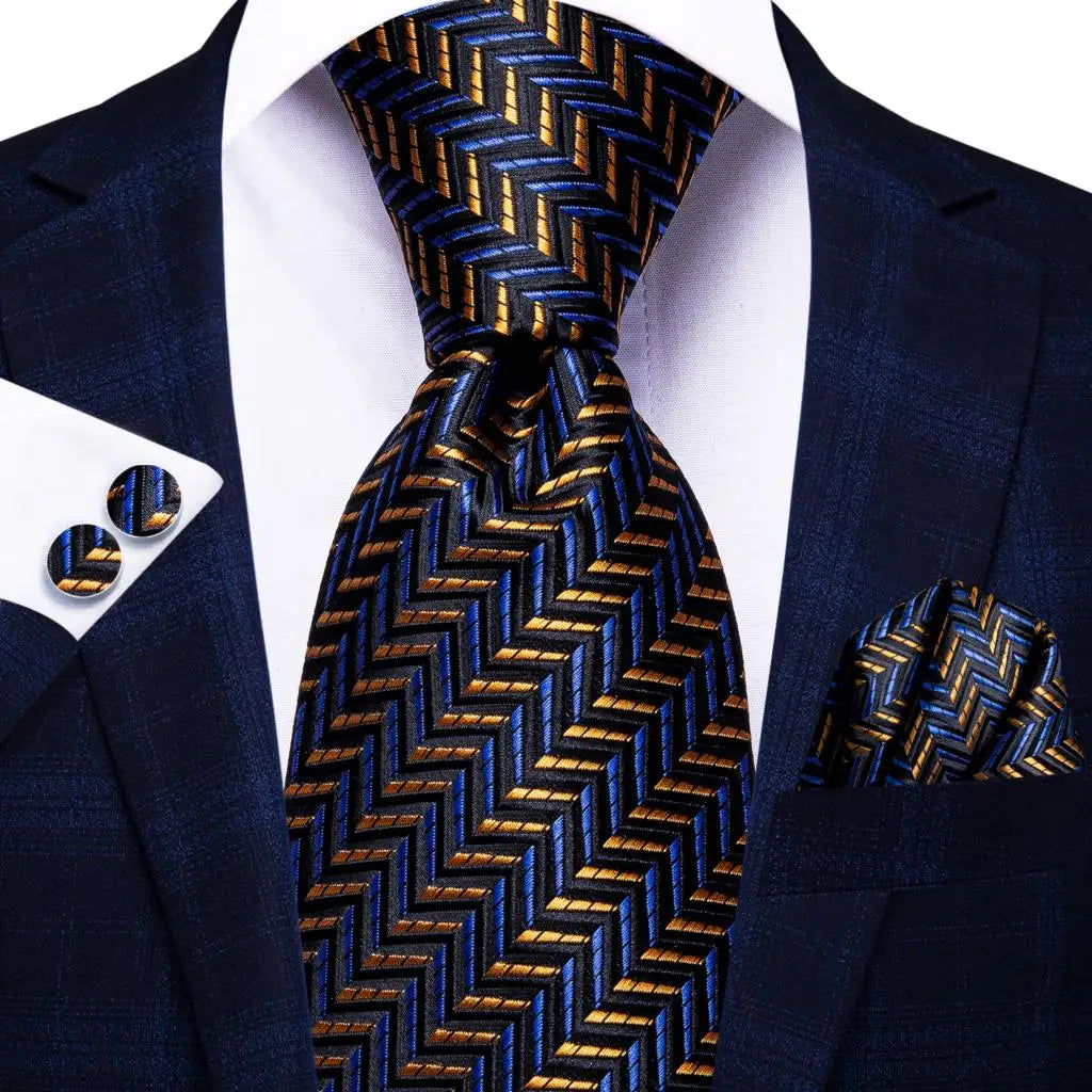 Timeless Fashion – Black Gold Paisley Striped Tie with Accessories x