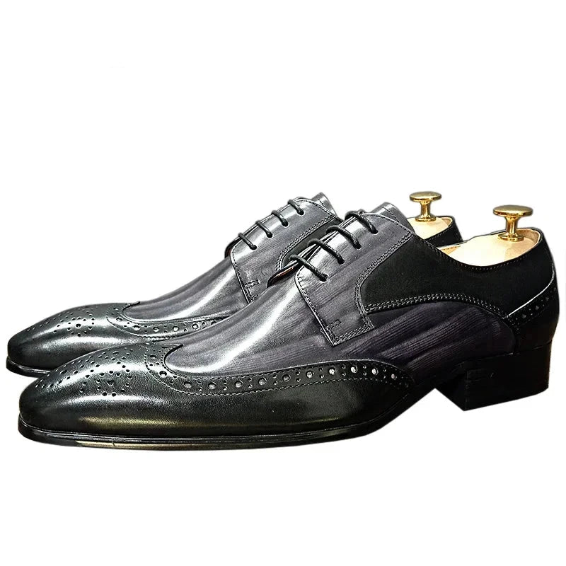 Black Mix Grey Pointed Toe Men's Leather Shoes