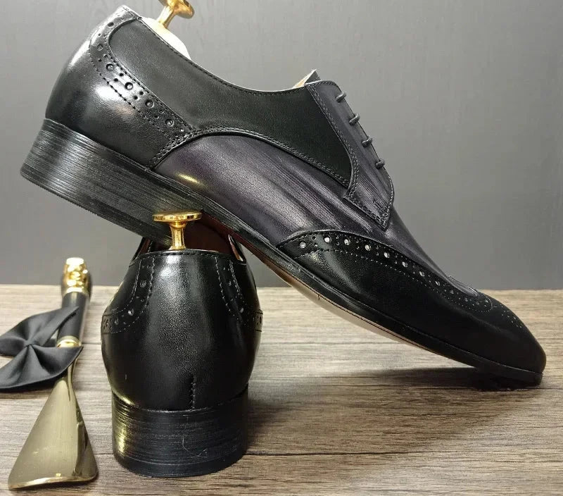 Black Mix Grey Pointed Toe Men's Leather Shoes