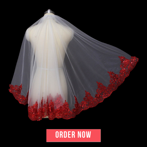 Bling Sequins Red Lace Bridal Wedding Veil