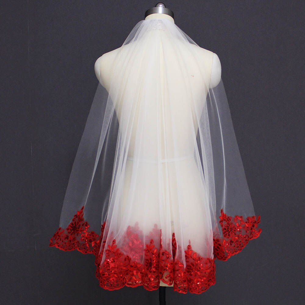 Bling Sequins Red Lace Bridal Wedding Veil Whole