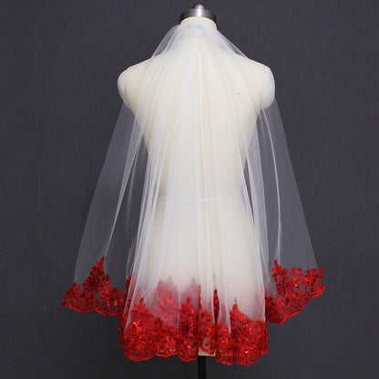 Bling Sequins Red Lace Bridal Wedding Veil Whole