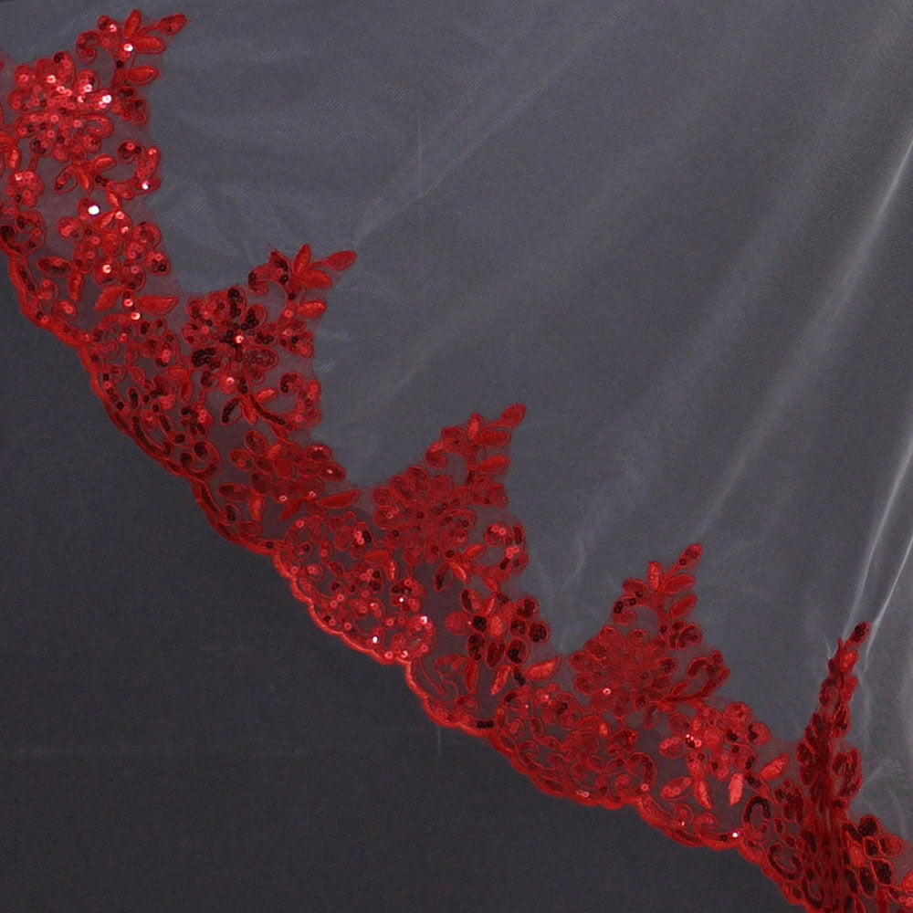 Bling Sequins Red Lace Veil edge