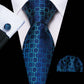Blue geometric pattern silk tie set with handkerchief and cufflinks for men