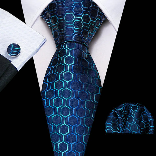 Blue geometric pattern silk tie set with handkerchief and cufflinks for men