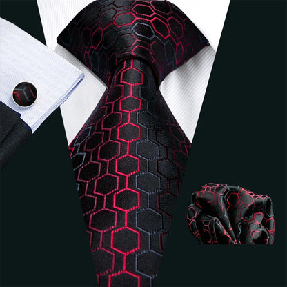 Blue geometric pattern silk tie set with handkerchief and cufflinks for men