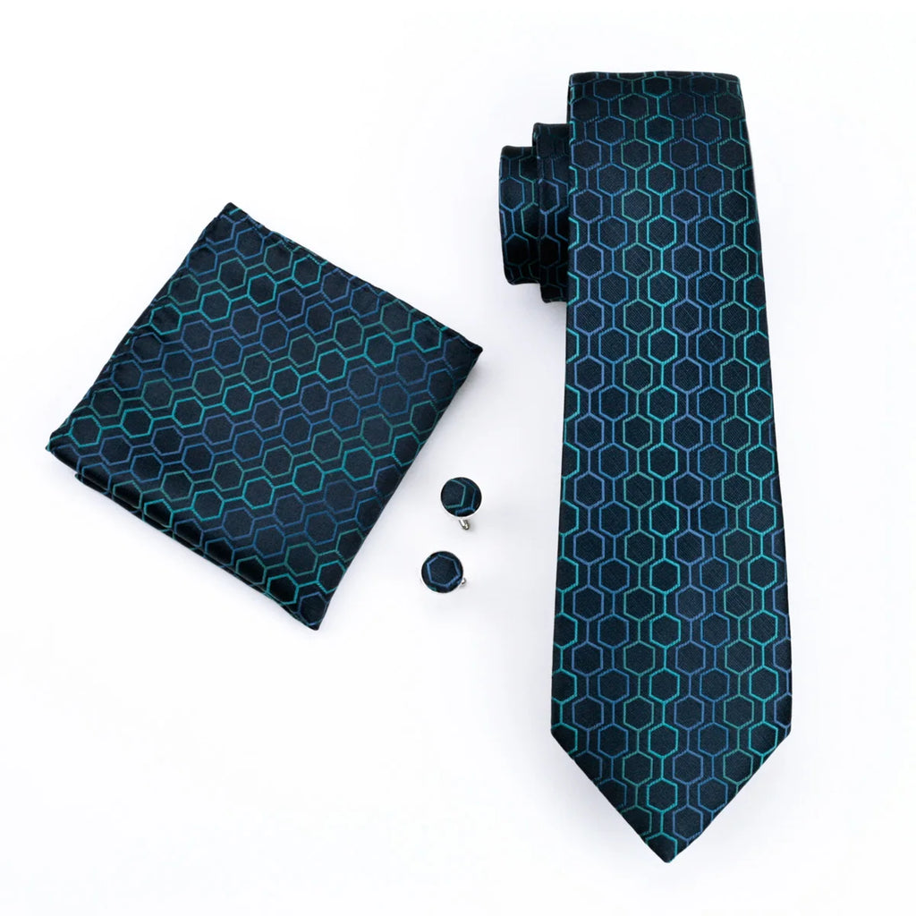 Blue geometric pattern silk tie set with handkerchief and cufflinks for men