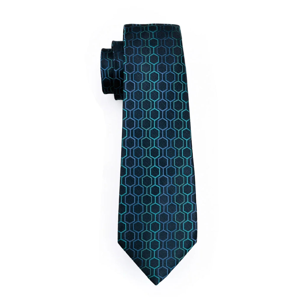 Blue geometric pattern silk tie set with handkerchief and cufflinks for men