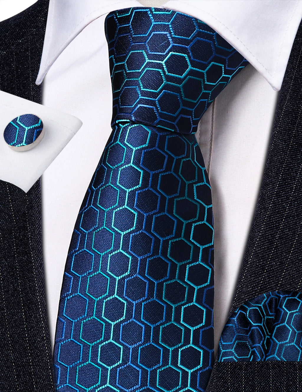 Blue geometric pattern silk tie set with handkerchief and cufflinks for men