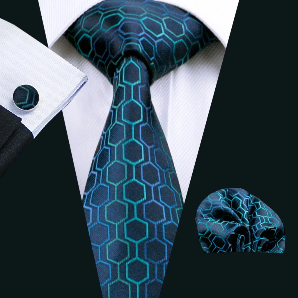Blue geometric pattern silk tie set with handkerchief and cufflinks for men