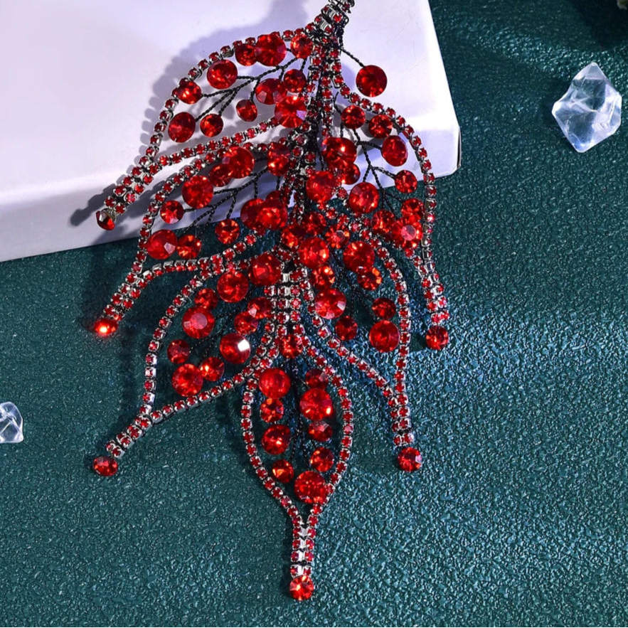 Bridal Leaf-Shaped Red Rhinestone Tiara – Elegant Wedding Hairpiece