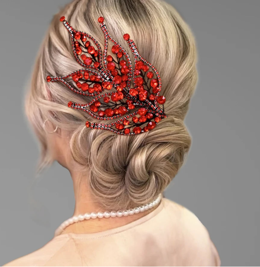 Bridal Leaf-Shaped Red Rhinestone Tiara – Elegant Wedding Hairpiece