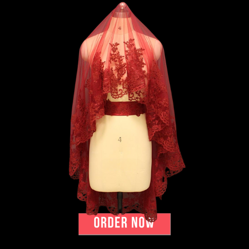 Burgundy Short-Laced Wedding Veil