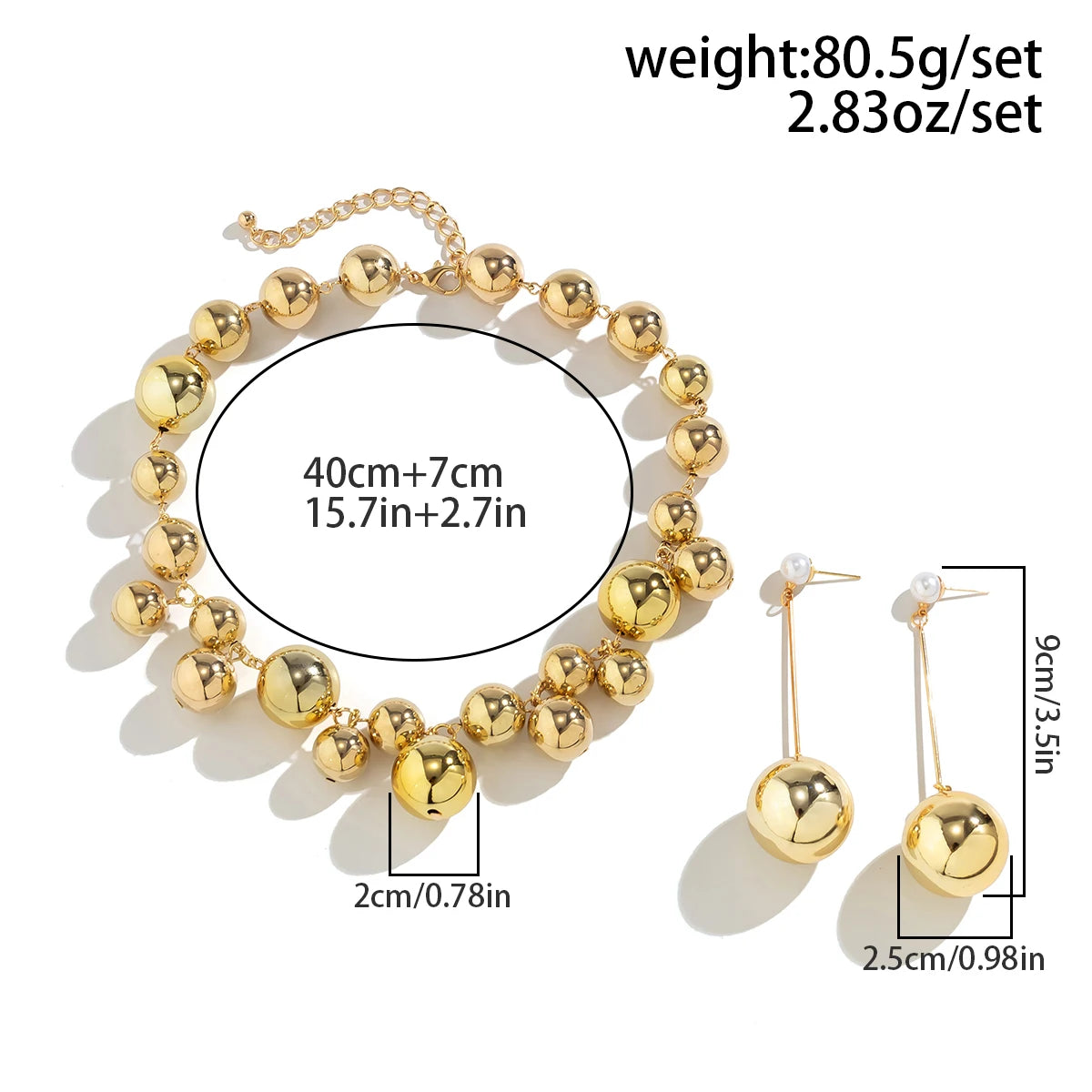 CCB Bead Jewelry Set – Chunky Grunge Chain & Drop Earrings dimension