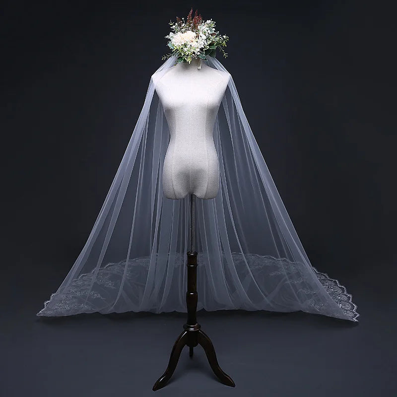 Cathedral Wedding Lace Appliqued Bridal Veils front view