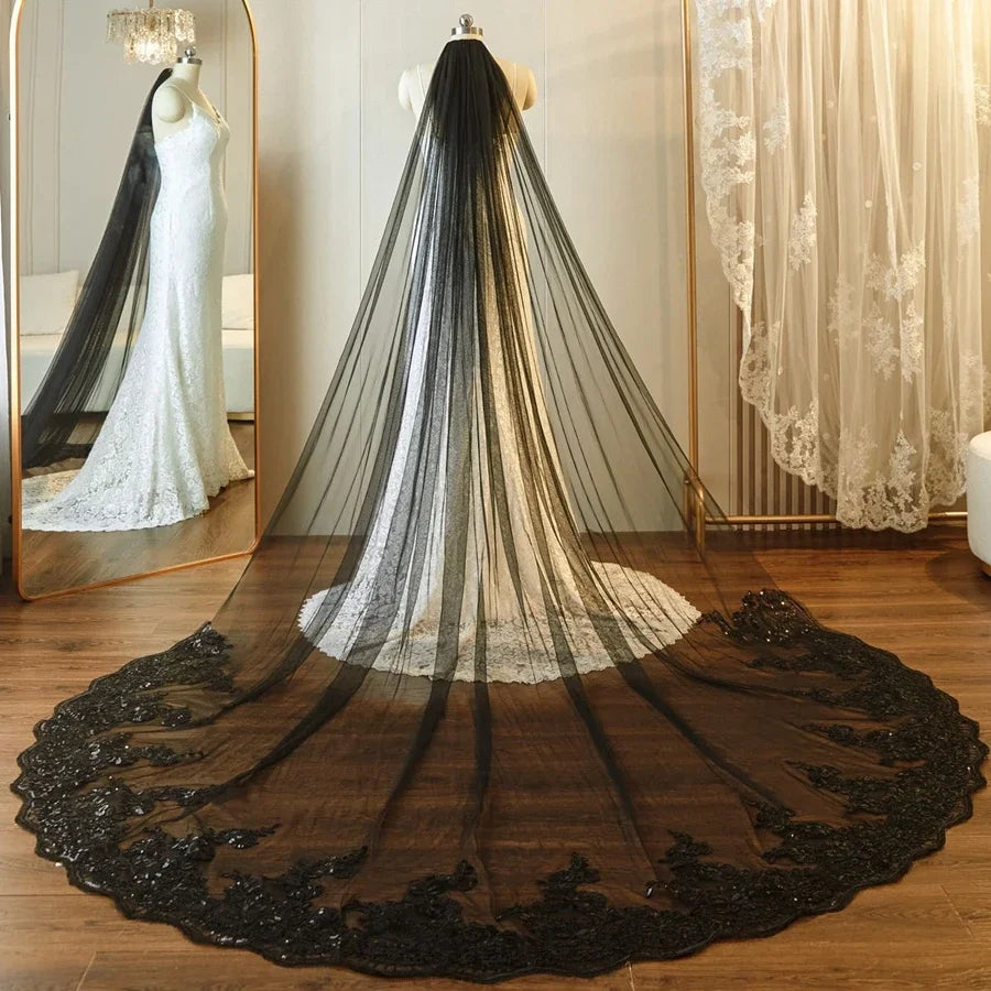 Cathedral Wedding Lace Appliqued Bridal Veils black