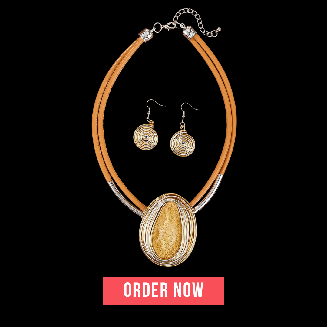 Jewelry set with necklace and earrings on a black background.