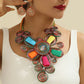 Ethnic colorful floral crystal necklace and earrings jewelry set for women