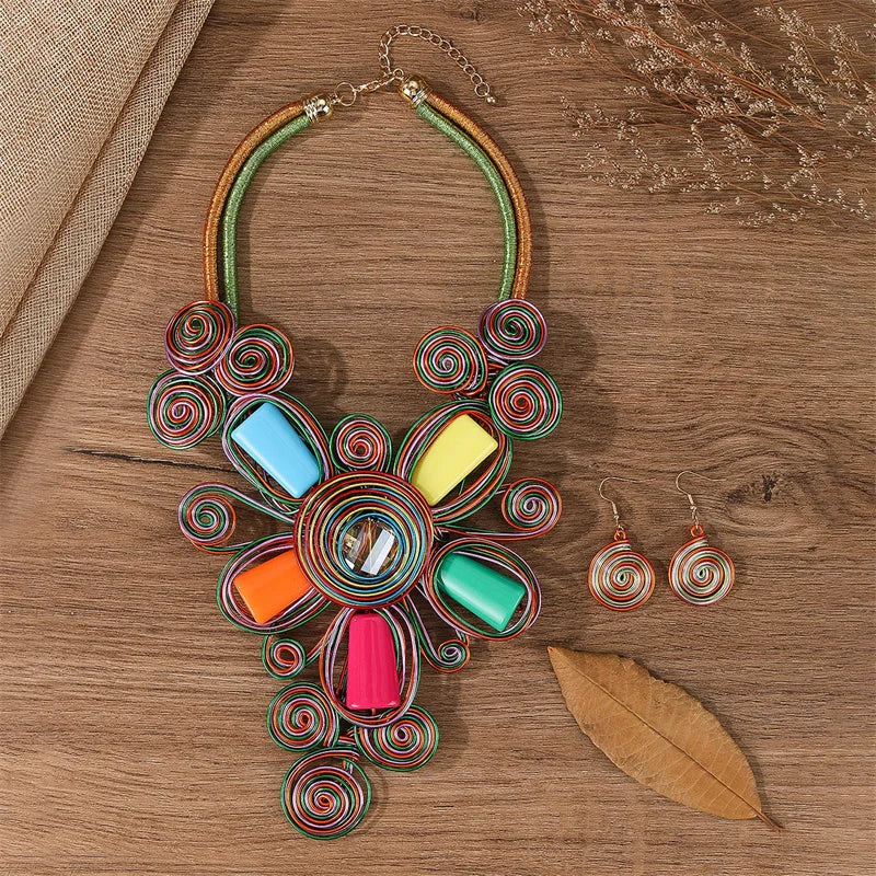 Ethnic colorful floral crystal necklace and earrings jewelry set for women