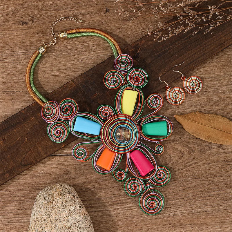 Ethnic colorful floral crystal necklace and earrings jewelry set for women
