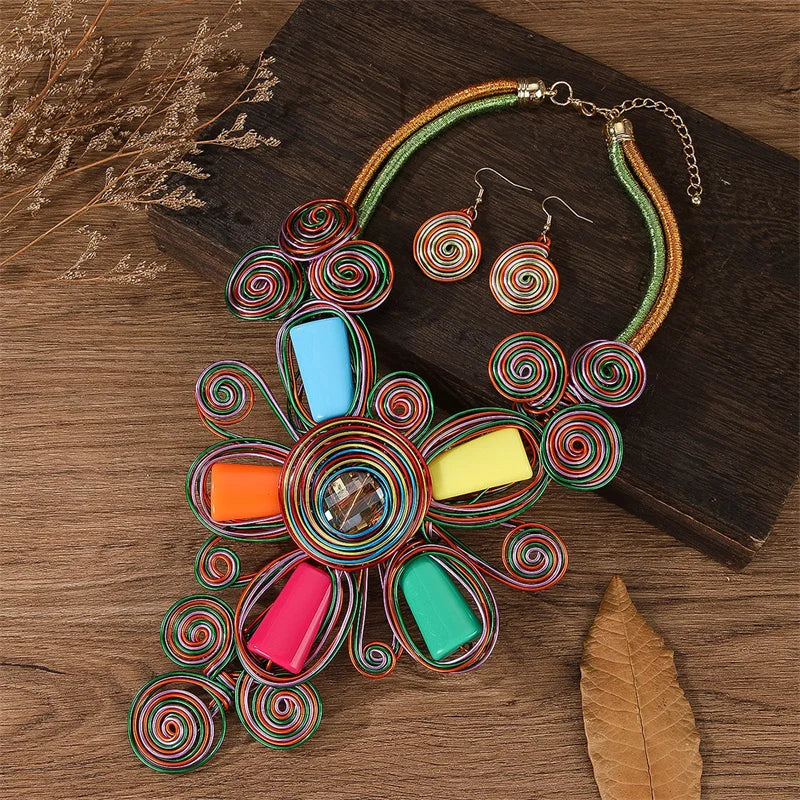 Ethnic colorful floral crystal necklace and earrings jewelry set for women