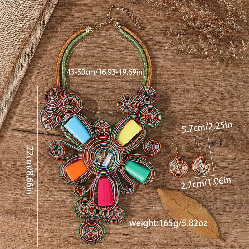Ethnic colorful floral crystal necklace and earrings jewelry set for women