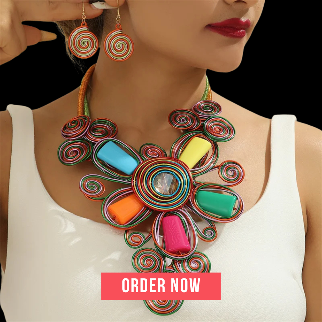 Ethnic colorful floral crystal necklace and earrings jewelry set for women