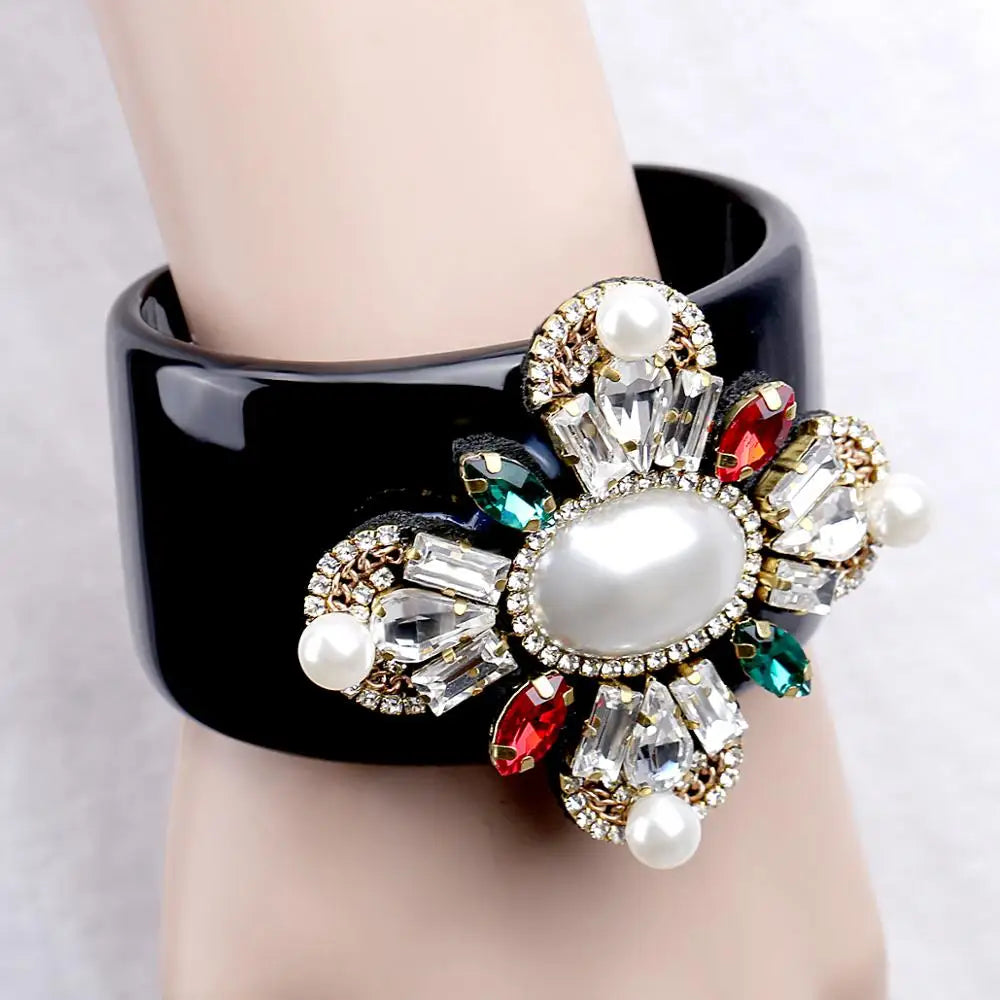 Model using Crystal Beads Black Resin Cuff Bracelet
