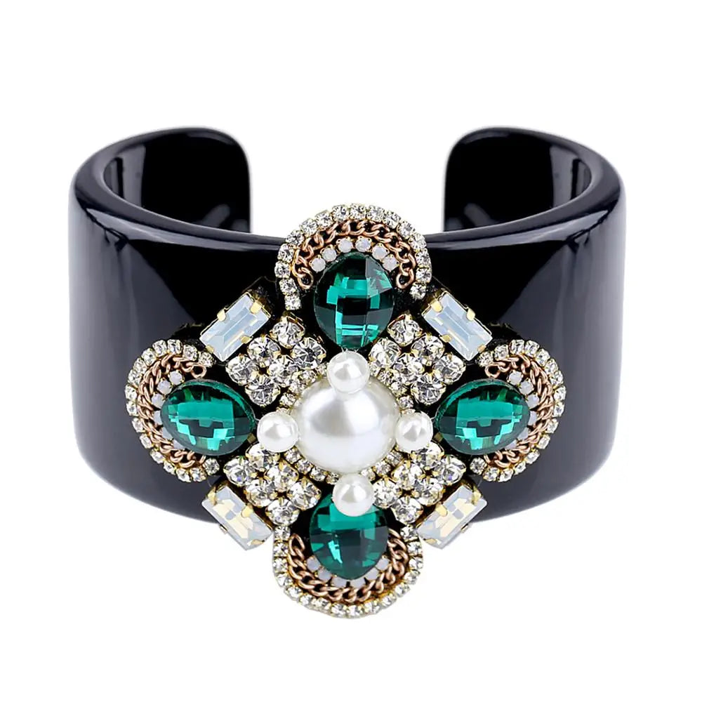 Green Crystal Beads Black Resin Cuff Bracelet