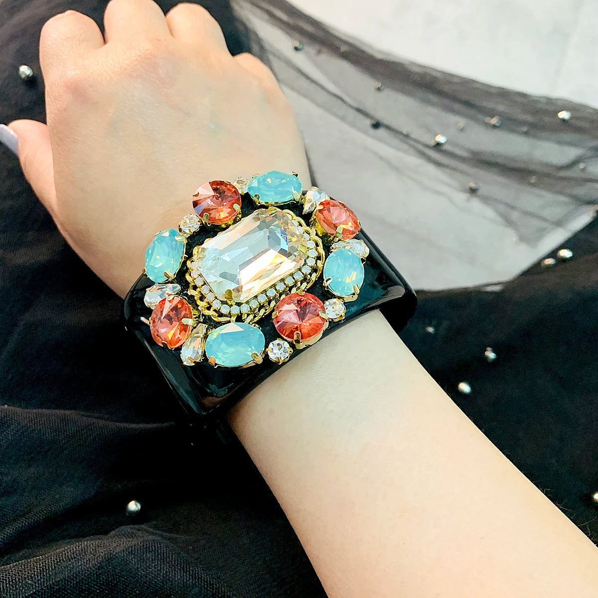 Model using Crystal Beads Flower Statement Bangle