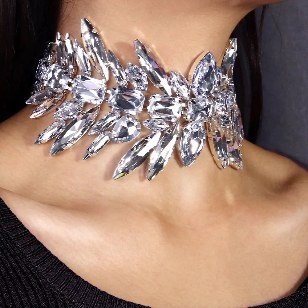 Model using Crystal Geometric Choker Jewelry