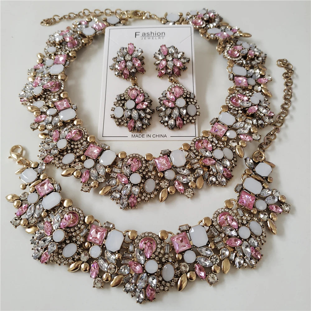 Pink White Bridal Crystal Rhinestone Jewelry Sets