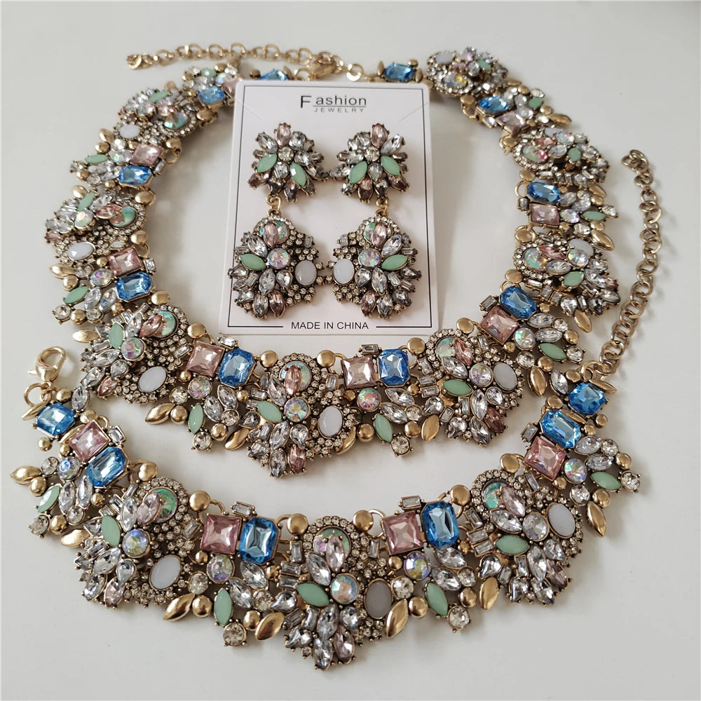 Blue Pink Bridal Crystal Rhinestone Jewelry Sets