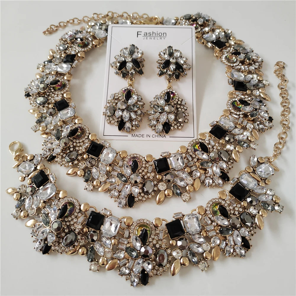 Black White Bridal Crystal Rhinestone Jewelry Sets