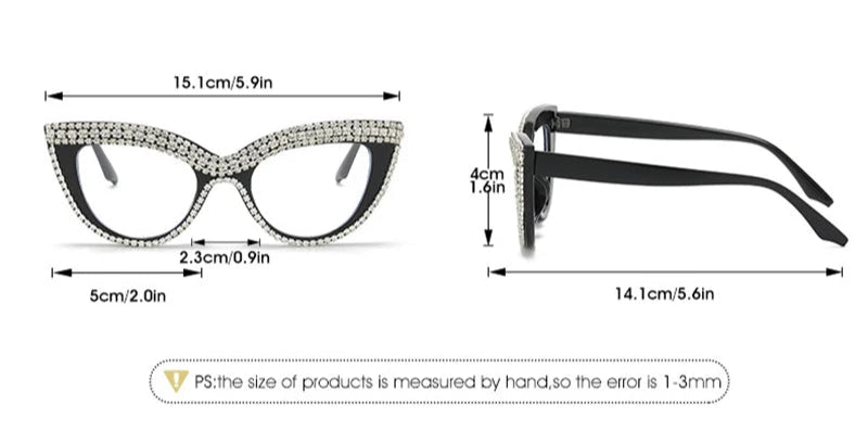 Crystal Sexy Diamond Cat Eye Glasses size