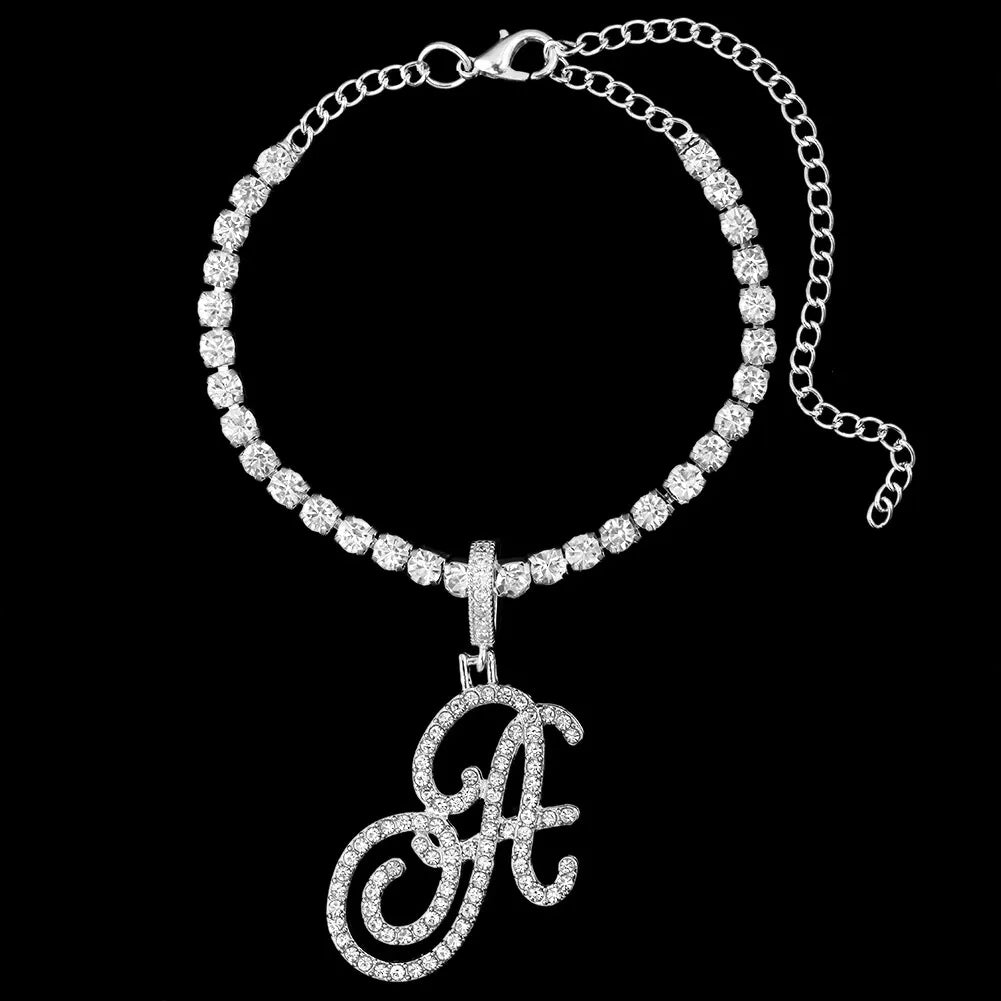 A Cursive Initial Letters Rhinestone Anklets