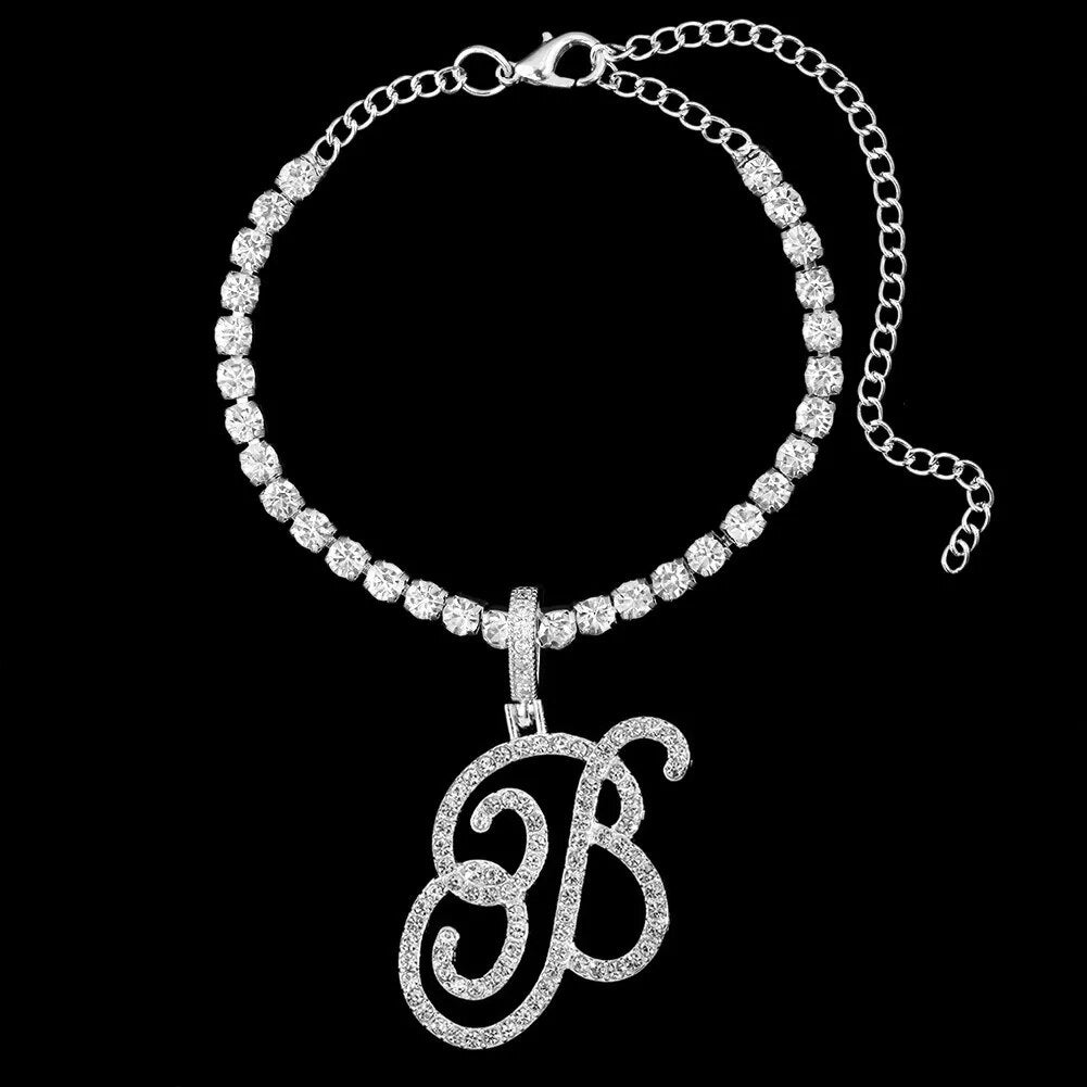 B Cursive Initial Letters Rhinestone Anklets