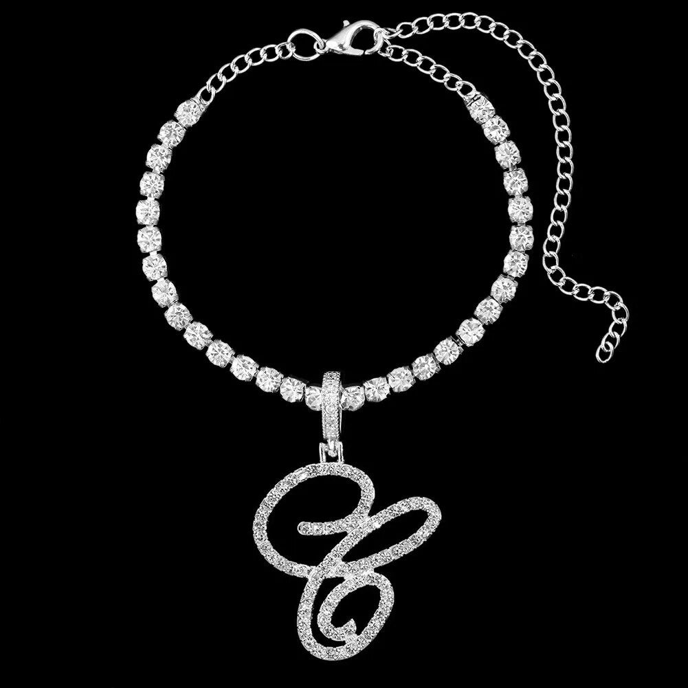 L Cursive Initial Letters Rhinestone Anklets