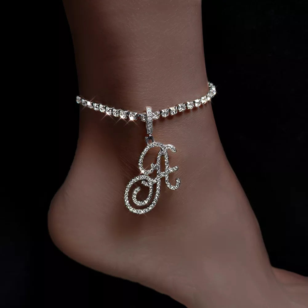 A Cursive Initial Letters Rhinestone Anklets