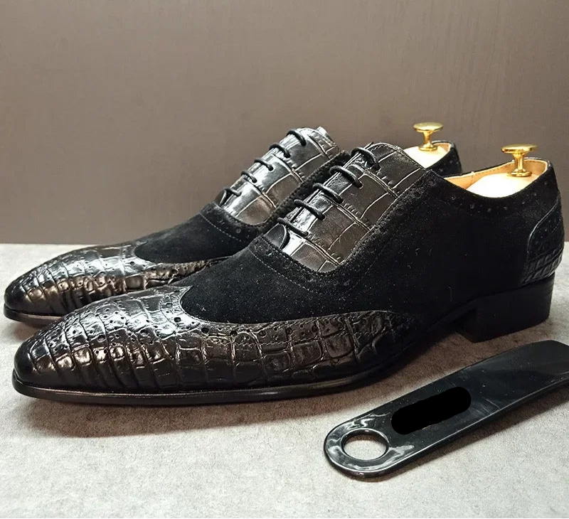 Men’s Elegant Crocodile Print Oxford Shoes – Lace-Up Leather Dress Shoes for Weddings & Office