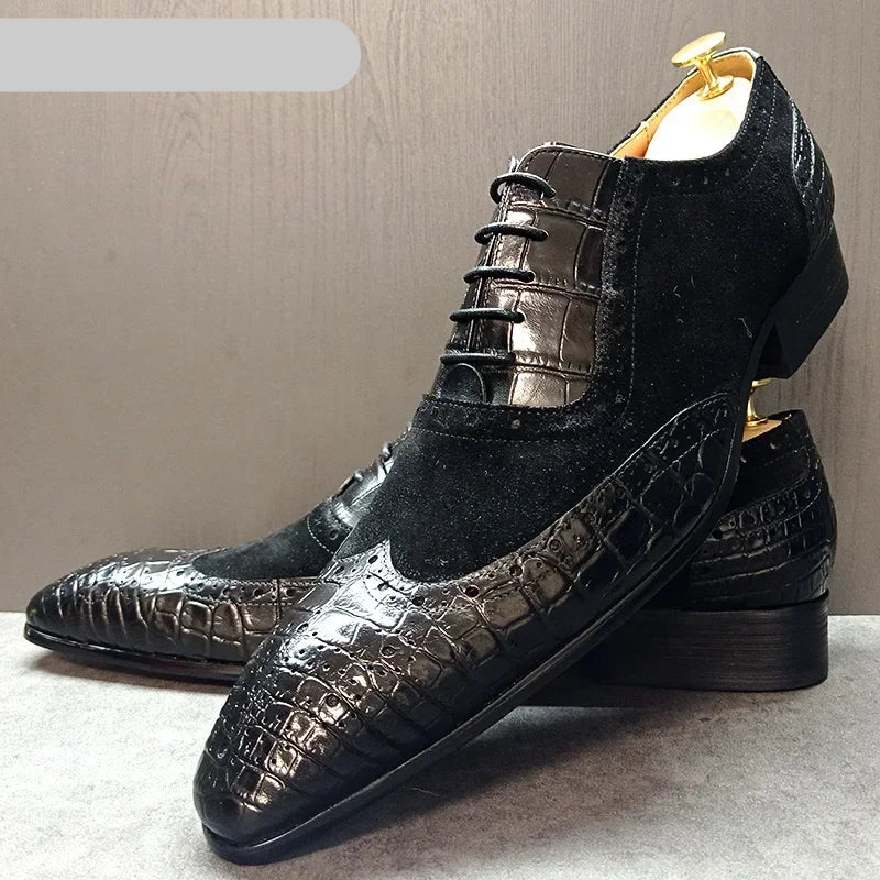 Men’s Elegant Crocodile Print Oxford Shoes – Lace-Up Leather Dress Shoes for Weddings & Office a
