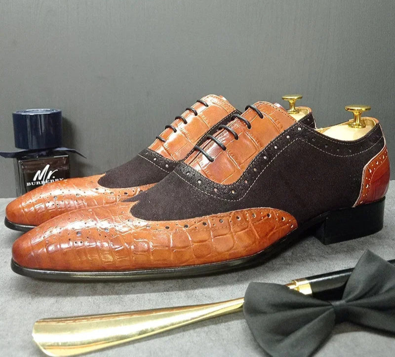 Men’s Elegant Crocodile Print Oxford Shoes – Lace-Up Leather Dress Shoes for Weddings & Office d