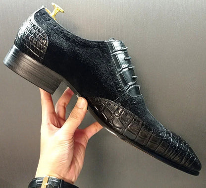 Men’s Elegant Crocodile Print Oxford Shoes – Lace-Up Leather Dress Shoes for Weddings & Office e