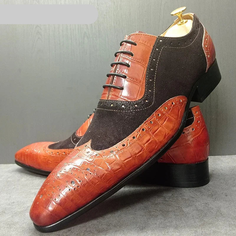 Men’s Elegant Crocodile Print Oxford Shoes – Lace-Up Leather Dress Shoes for Weddings & Office g