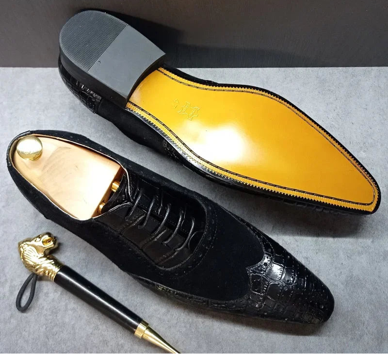 Men’s Elegant Crocodile Print Oxford Shoes – Lace-Up Leather Dress Shoes for Weddings & Office h