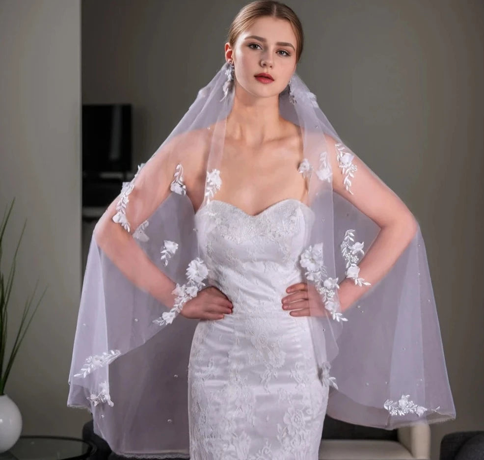 Model using Elegance 3D Flowers Wedding Veil