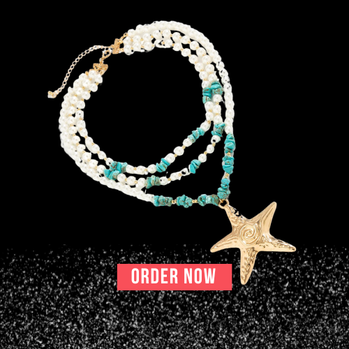 Elegant Big Starfish Star Pendant Pearl Stone Necklace 