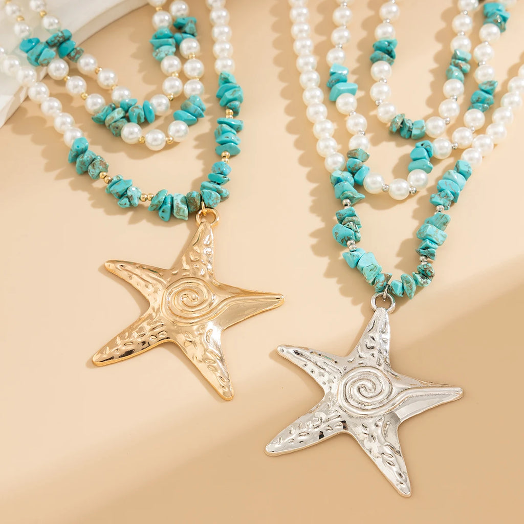 Collection of Elegant Big Starfish Star Pendant Pearl Stone Necklace