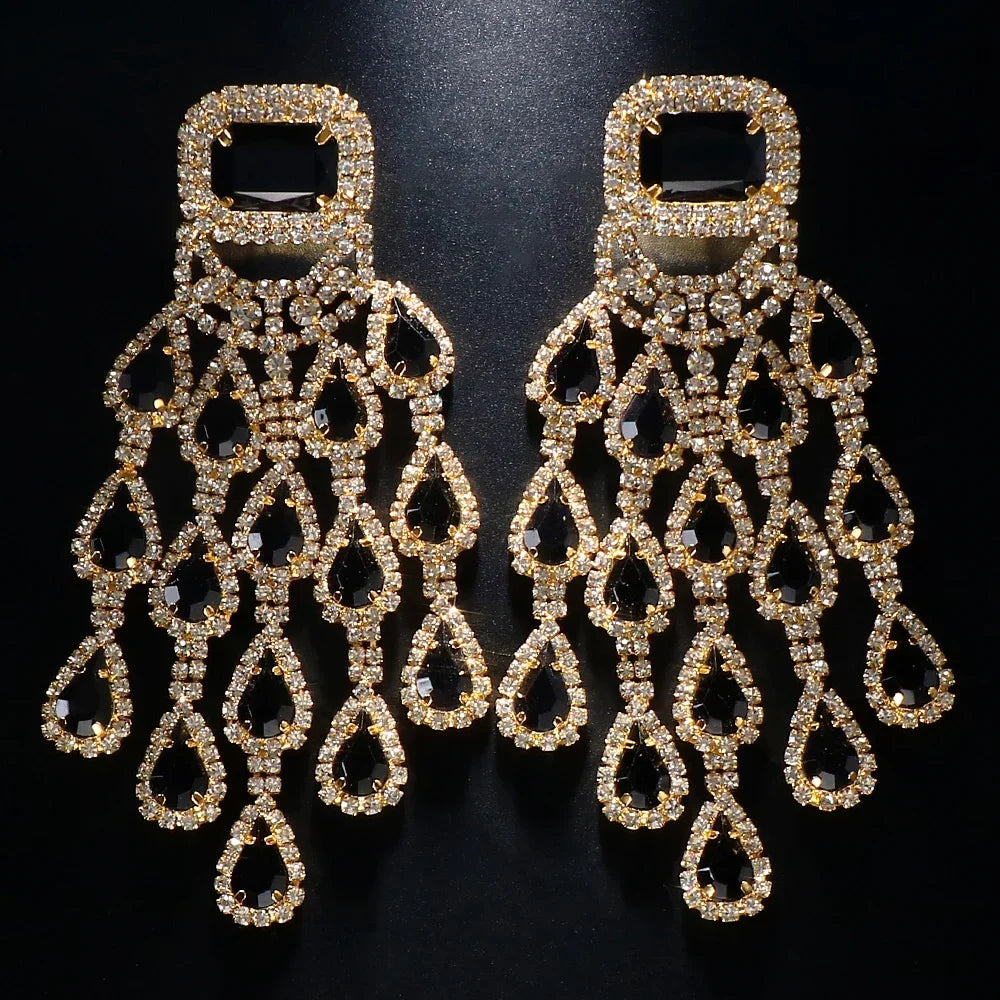 Gold Elegant Bridal Crystal Tassel Earrings