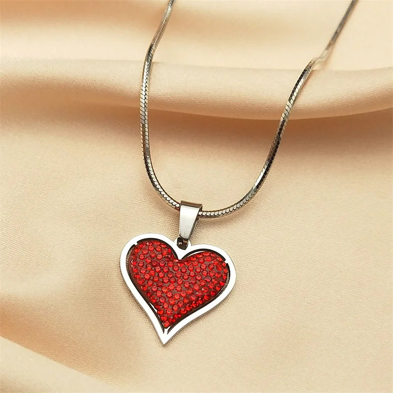 Silver Red Elegant Heart Crystal Love Necklace